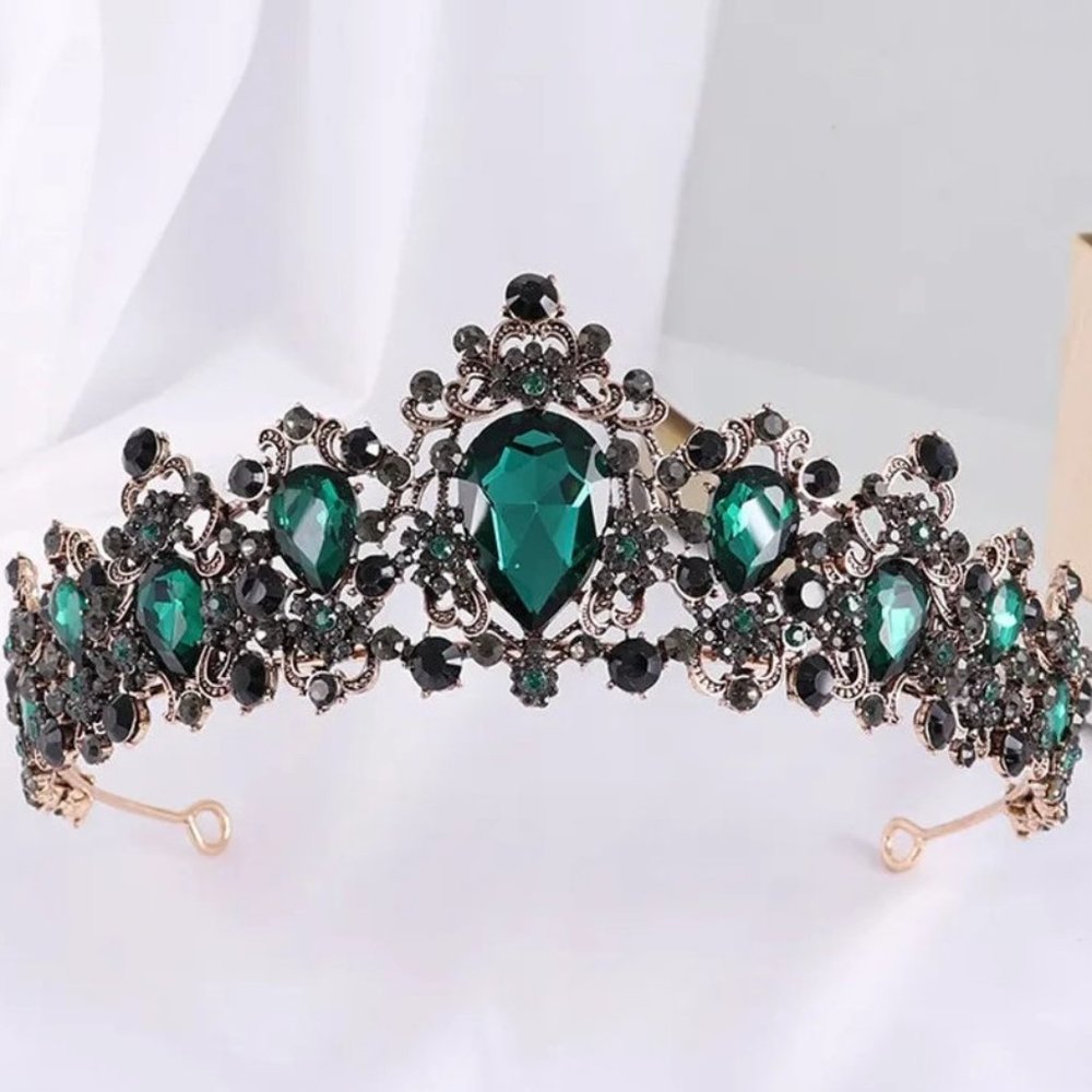 Vintage Baroque Goth Black Tiara Crown Teal Emerald Green Princess Queen bridal